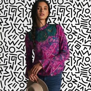Anthropologie Pink and Teal Blouse With Bell Sleeves